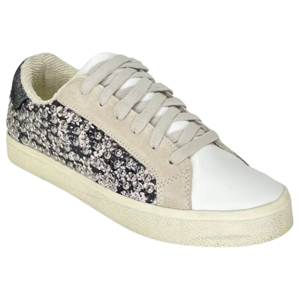 AQUA Womens Sneakers 10M Tess Grey Snake Print Leather Silver Studded
